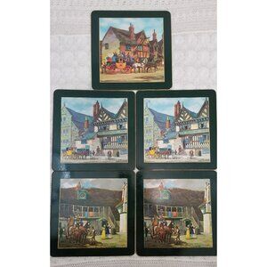 Vintage made in England cork backed placemats 8.5" village scenes green edge